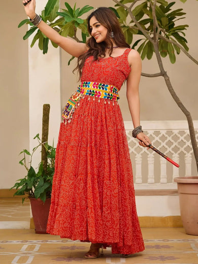 Sweet Red Georgette Mirror Work Navratri Wear Gown - Ethnic Plus In